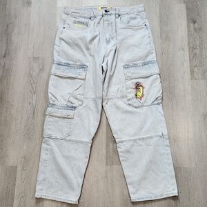 Empyre Jeans Men 34x30 Blue Light Wash Baggy Cargo Pants Graffiti Patch Y2K Vtg
